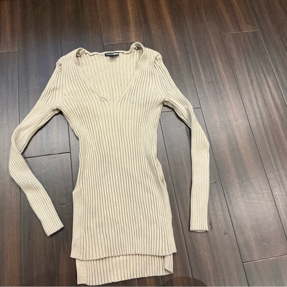 Ribbed V-Neck Sweater Dress in Beige